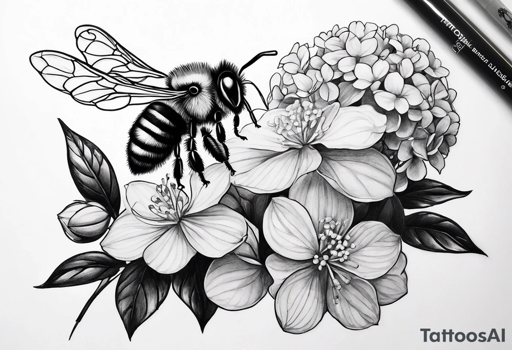 Small tattoo. There’s a hydrangea and a bee but they are not touching. Make the bee smaller than the hydrangea and have the bee off to the side. tattoo idea