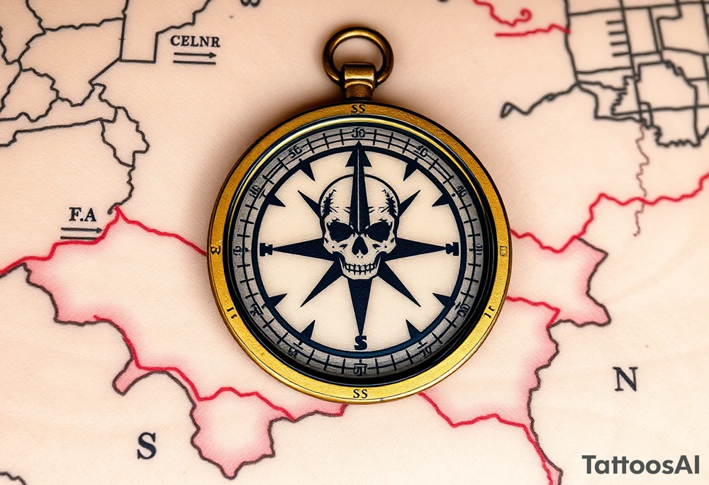 The Lone Compass – An antique brass compass with a cracked glass cover, resting on a weathered map with faded red markings. The north arrow is twisted, pointing toward an ominous skull island in the distance. tattoo idea