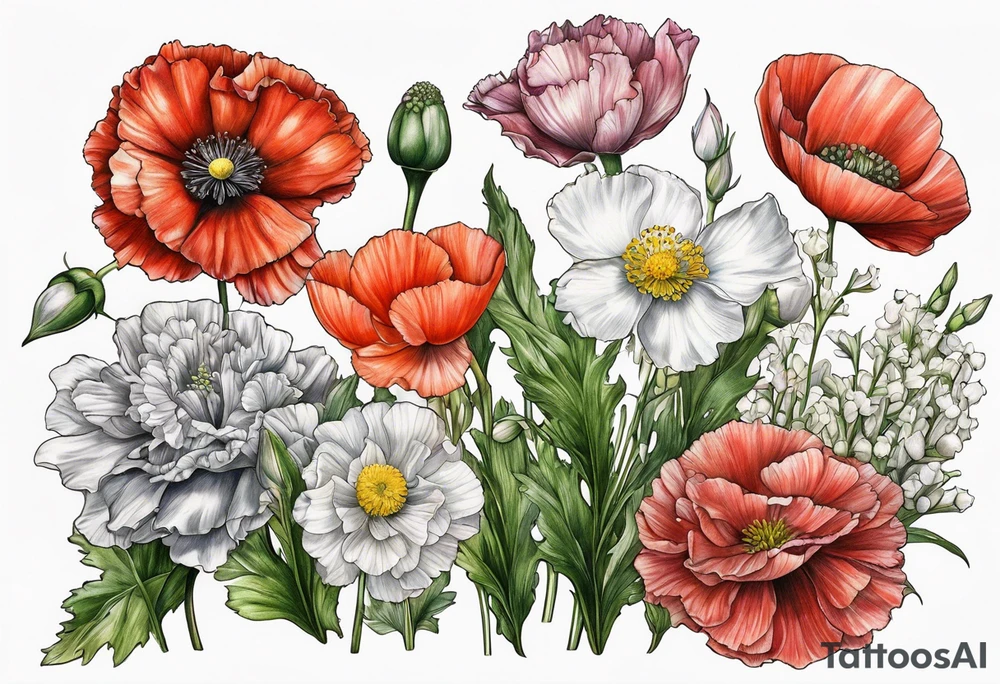 Carnation, primrose, daisy, daisy, lily of the valley, poppy, poppy, poppy, aster, norcissus tattoo idea