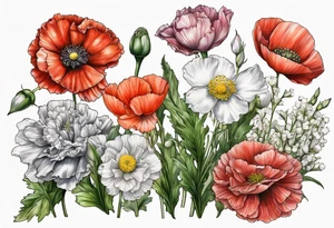 Carnation, primrose, daisy, daisy, lily of the valley, poppy, poppy, poppy, aster, norcissus tattoo idea