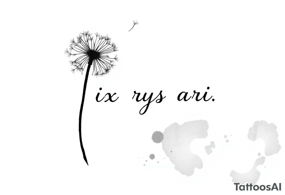 This image showcases a black-and-white watercolor-style illustration of a dandelion. The dandelion is depicted in fine detail, with its delicate seeds dispersing into the air. The artistic approach includes an ink-wash effect, where the stems appear to be dripping down like wet ink or paint, creating a dreamy and fluid aesthetic.

The background is minimalistic, with soft splatters and shading, adding to the abstract and ethereal feel. The contrast between the dark ink and the white background gives the image a striking, modern, and artistic look. It conveys themes of freedom, change, and the fleeting nature of time. Rix Rys Ari tattoo idea