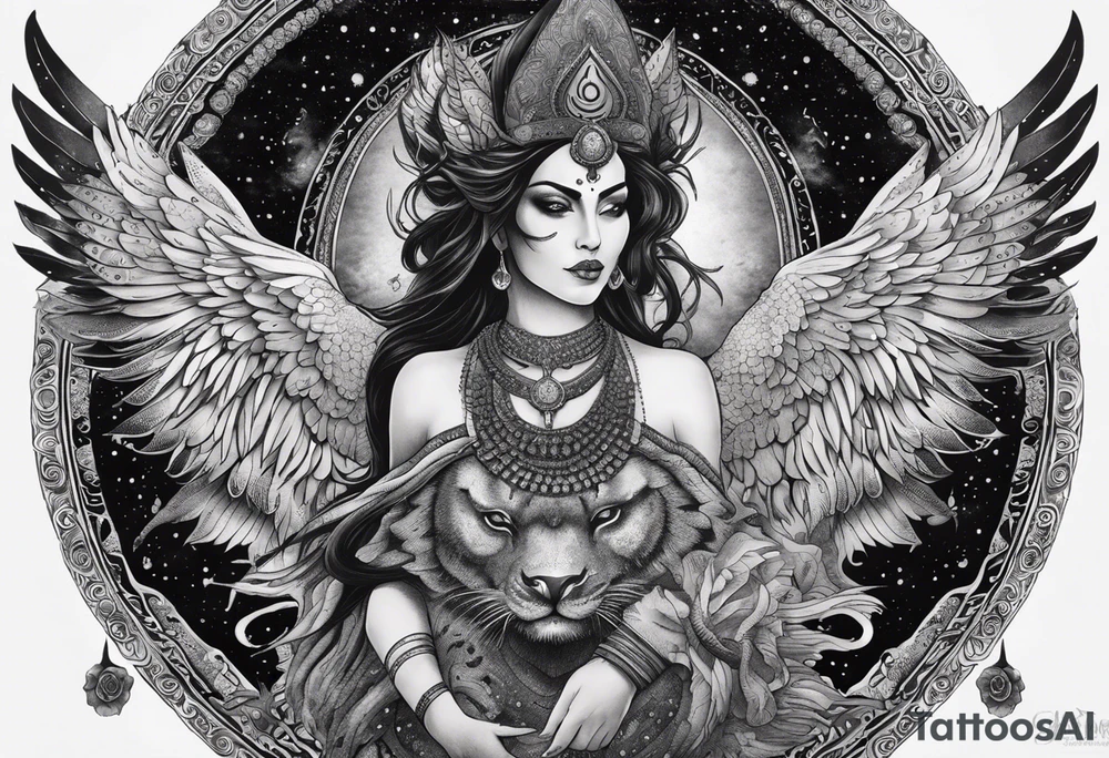 black kali, goddess pirate, alien, angel, pachamama, valkrye, warrior, flying, skull, lotus azul, wing, eagle, zenza resonance, stars, 5D, anahata chakra, death, durga, riding on a tiger, flying lady, kundalini, chest tatoo, samuri, rebel,serpent tattoo idea