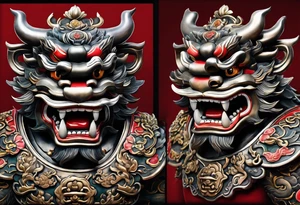 Double pectoral chest piece, of traditional full body Okinawa shisa. On one side is the male mouth open, and the other side, female, mouth closed. tattoo idea