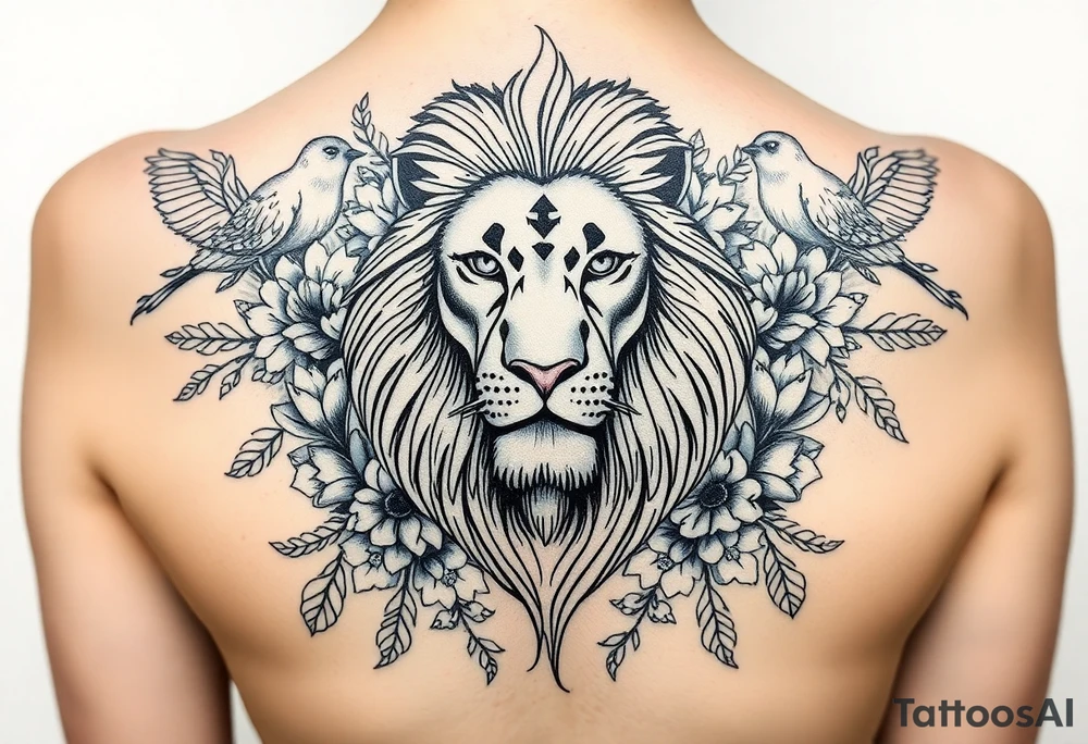 powerful majestic lion with a crown, surrounded by floral ornaments and birds tattoo idea