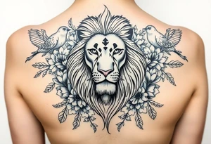 powerful majestic lion with a crown, surrounded by floral ornaments and birds tattoo idea