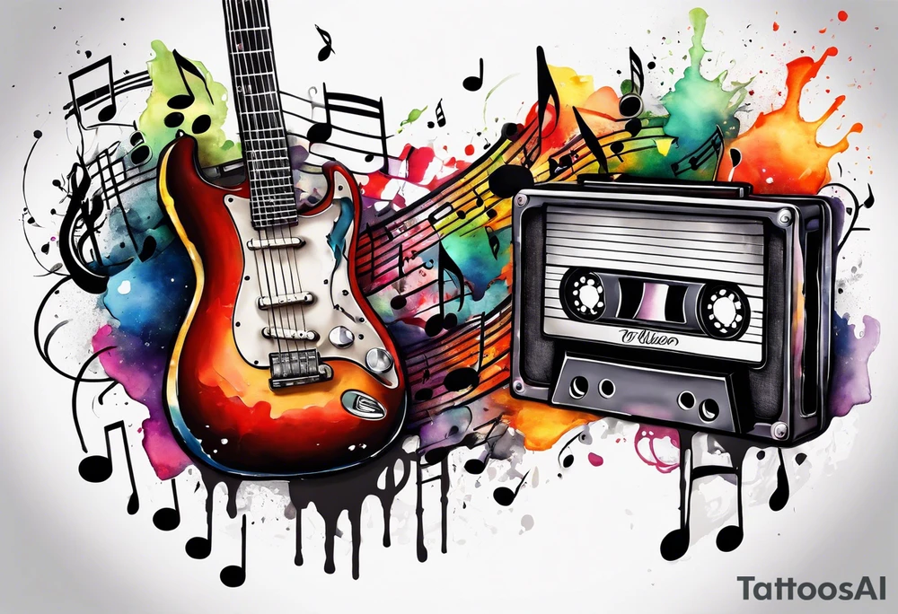 1/4 sleeve length
music notes, a cassette tape, and
instruments tattoo idea