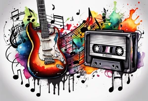1/4 sleeve length
music notes, a cassette tape, and
instruments tattoo idea