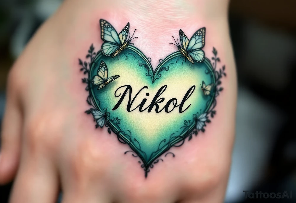 A pastel green heart with butterflies and Nikol written in elegant lowercase. tattoo idea