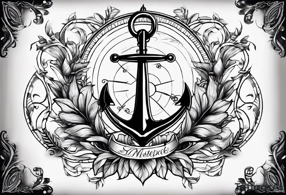 A selucid style anchor in front of a compass and a laurel wreathe wrapped around the compass tattoo idea