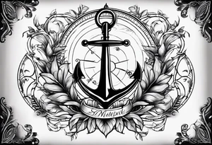 A selucid style anchor in front of a compass and a laurel wreathe wrapped around the compass tattoo idea