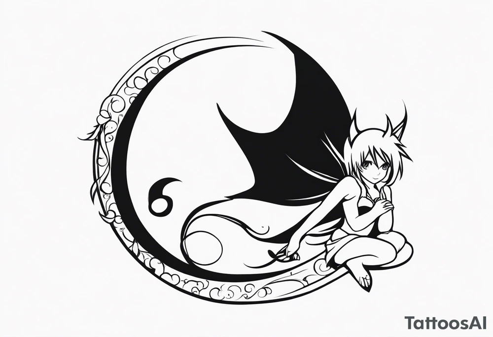 A fairy with a tail inspired by the logo of the anime show called Fairy Tail in a fetal position leaning in tattoo idea