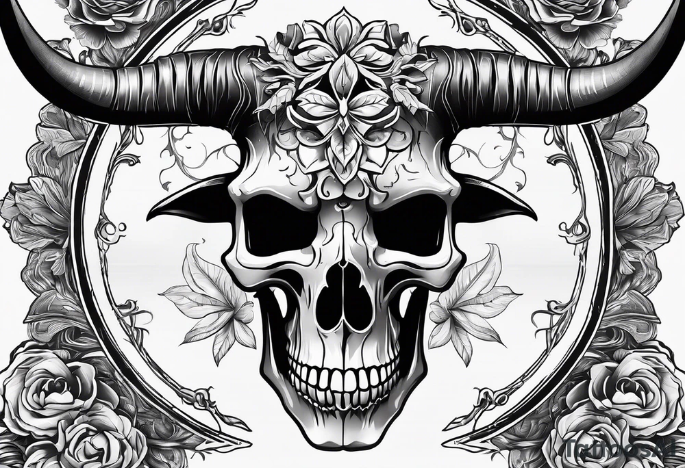 Long horn skeleton with IR brand on forehead tattoo idea