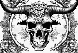 Long horn skeleton with IR brand on forehead tattoo idea