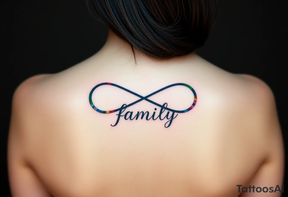 Colorful infinity symbol and the word "family" elegantly placed at the center in a soft script tattoo idea