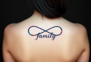 Colorful infinity symbol and the word "family" elegantly placed at the center in a soft script tattoo idea