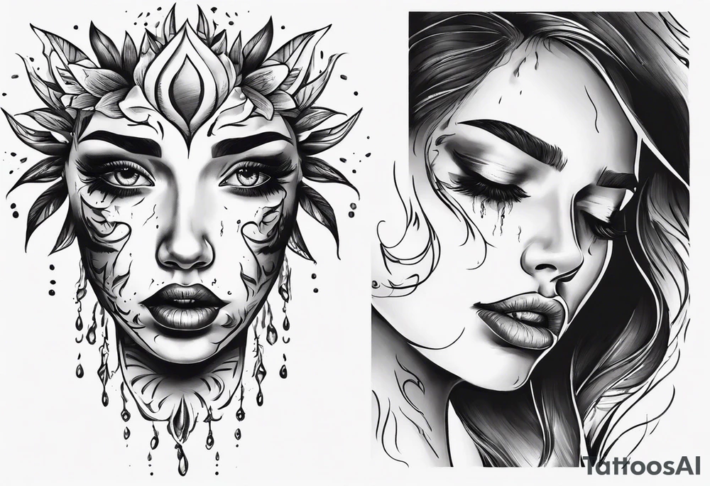 Woman’s face with and one eye is crying tattoo idea
