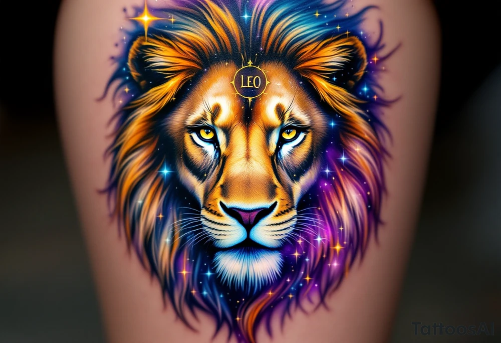 A Leo zodiac symbol and vivid leo star constellation rests between the eyes of a golden lion whose mane dissolves into a trail of starlit purple and blue. tattoo idea