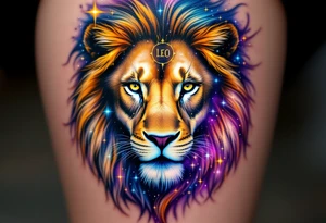 A Leo zodiac symbol and vivid leo star constellation rests between the eyes of a golden lion whose mane dissolves into a trail of starlit purple and blue. tattoo idea