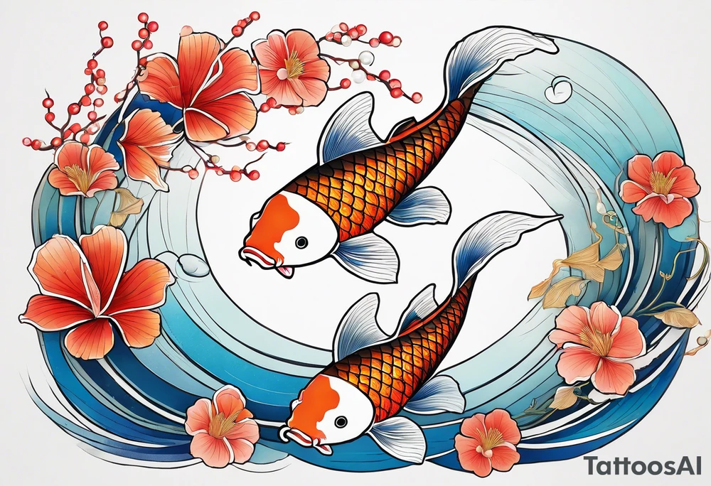 koi fish with a little narrow body, elongated fins, trimmed with pearls, ginko leaves around, minimal color, gradient lines tattoo idea