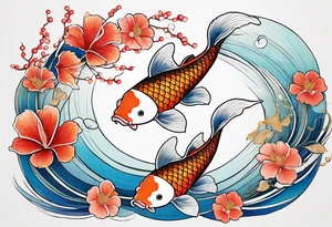 koi fish with a little narrow body, elongated fins, trimmed with pearls, ginko leaves around, minimal color, gradient lines tattoo idea