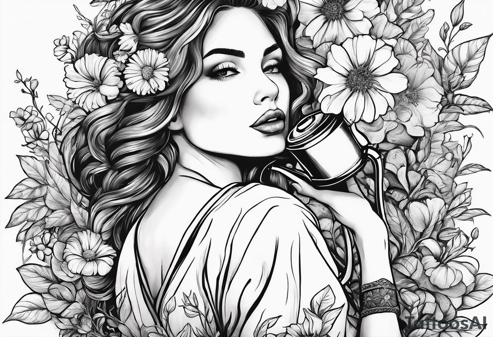 woman only showing up to lips with rest of head as wild flowers with arm across chest holding her shoulder and other arm holding up the watering can as if to water her head tattoo idea