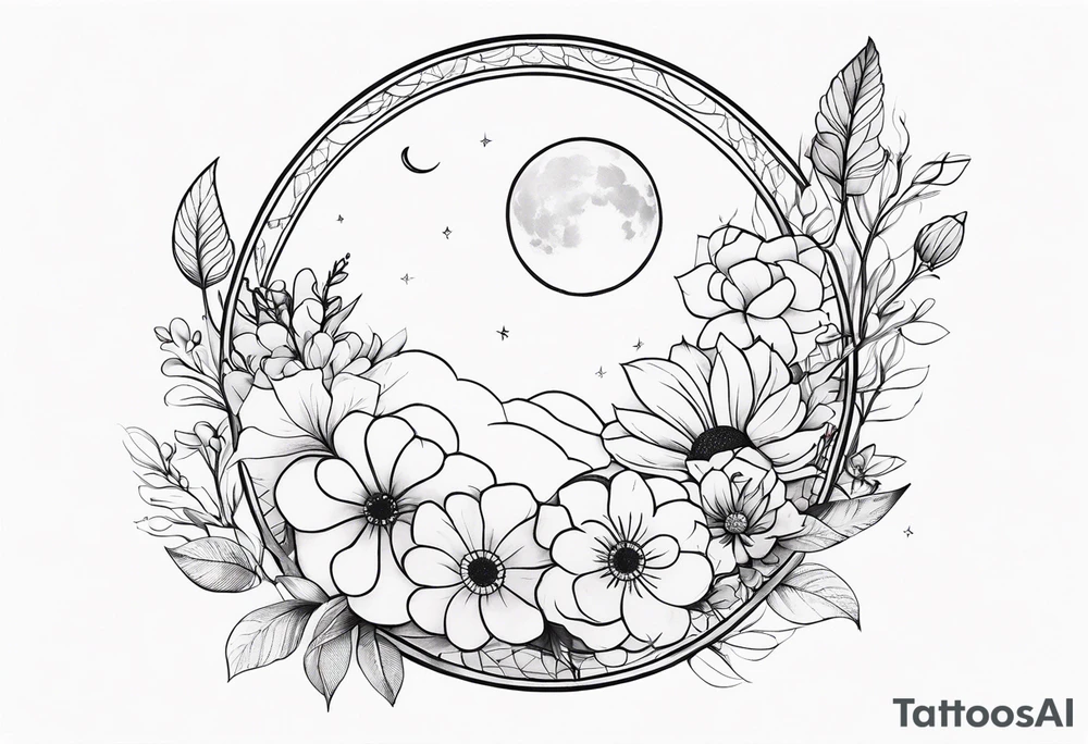 Feminine inspired upper sleeve tattoo with flowers, lace and moon tattoo idea