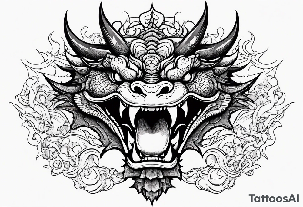 Dragon head facing front, tattoo should look old school Japanese way, dragon mouth should not be open. tattoo idea