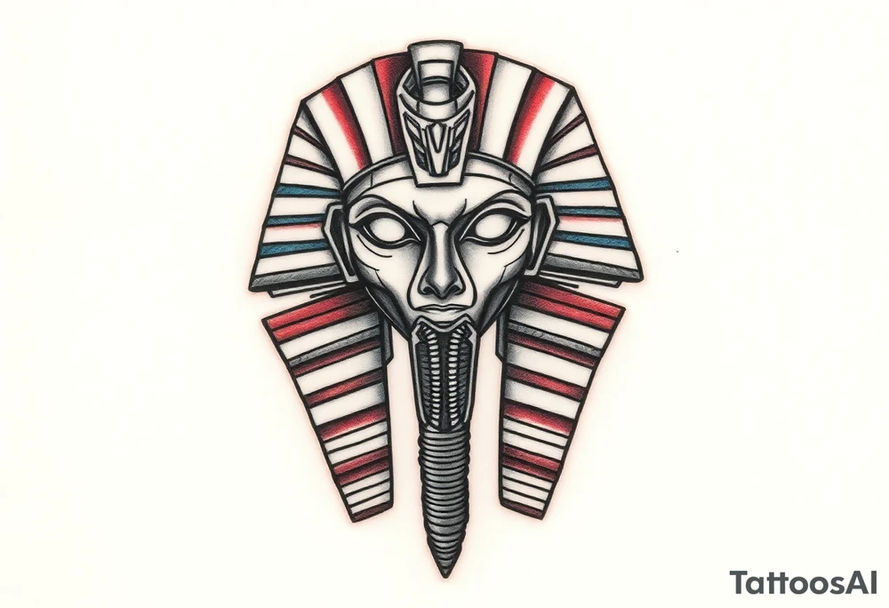 A Pharaoh’s Mask with a Modern Twist (Cyberpunk, Biomechanical, etc.)(only red , blue and black are possible colors) tattoo idea