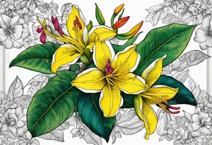 flowers endemic to the Philippines such as Ylang Ylang, Jade vine, Anahaw leaf. The flowers and leaves are crawling on arms. Include batik texture and peranakan tile tattoo idea