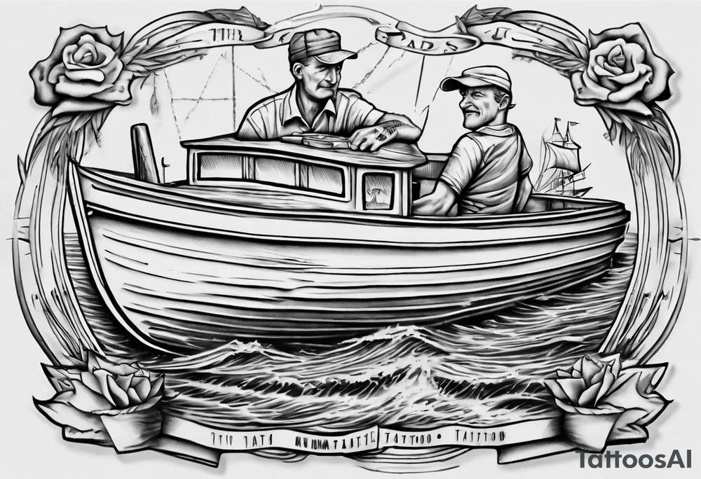 memorial tattoo for my father. include an open boat and outboard motor with dad at the engine and a boy in the front of the boat. try to tie in other hobbies like playing cribbage, woodworking, and watching jeopardy tattoo idea