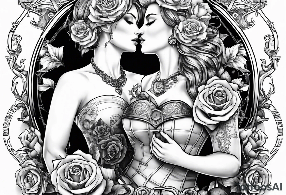 Women holding a mechanical heart roses, time watch, lion, strength tattoo idea