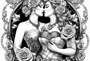 Women holding a mechanical heart roses, time watch, lion, strength tattoo idea