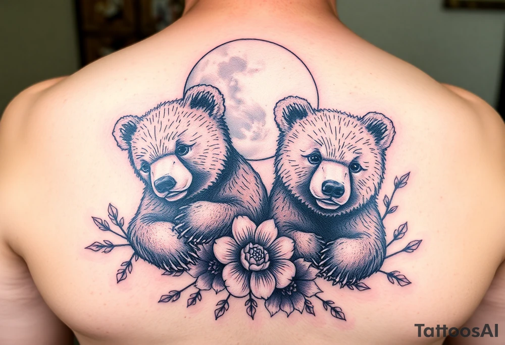 Tattoo, two realsistic baby brown bears, moon, colored carnations and vines, 9-28-14, "Bear is life" tattoo idea