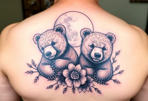Tattoo, two realsistic baby brown bears, moon, colored carnations and vines, 9-28-14, "Bear is life" tattoo idea