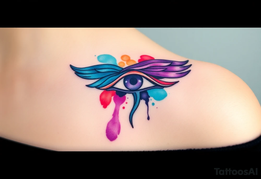 A watercolor-style Eye of Horus, with splashes of turquoise, purple, and red blending together for an artistic effect tattoo idea