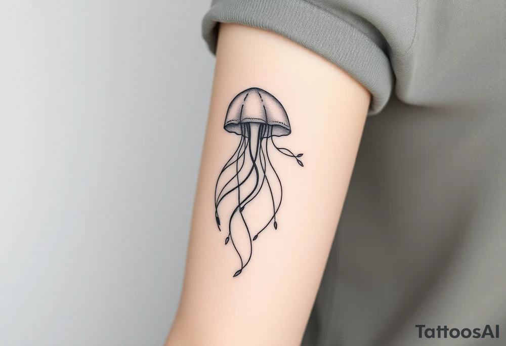 Fine line black and gray tattoo of an ethereal jellyfish representing self-love, freedom, and emotional depth. The jellyfish should have flowing, delicate tentacles that intertwine softly with thin organic branches or subtle leafy stems — no flowers, just abstract botanical lines that add a sense of growth and balance. The composition should feel light, graceful, and poetic, like movement underwater. Keep the lines elegant and harmonious, almost calligraphic. The design should look minimal yet expressive, with a serene, introspective aura tattoo idea