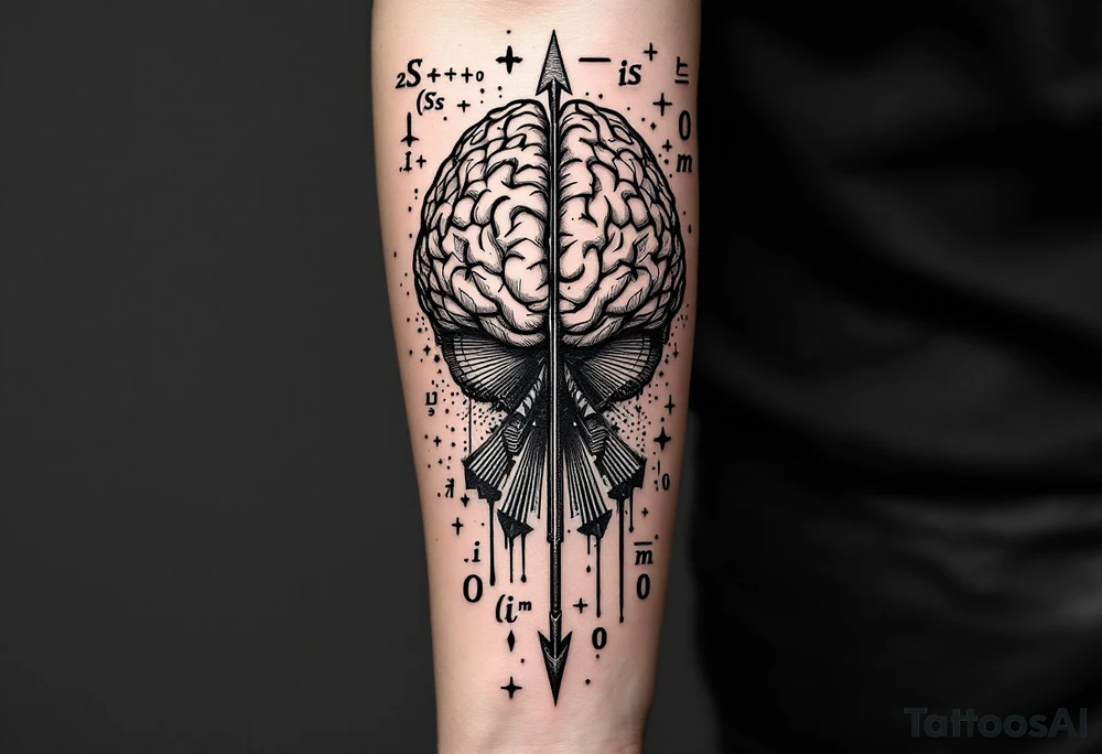 A vertical front-seen brain in geometric and straight lines, math symbols arround. A detailed arrow crosses from below and exit from the top, with its tip desintegrating to represent entropy and watercolor stains spilled from the arrow. Around of the main tattoo, math and physics formulas, including the formulas "ΔS ≥ 0" and "(iδ + m) Φ = 0" tattoo idea