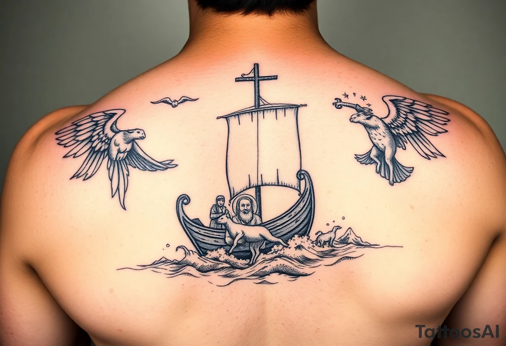 blend a viking sail boat, with the parabel of the fishermen in the sea with gods reaching down to save them, include jesus holding a lamb, include a valley of death and st michael the arch angel tattoo idea
