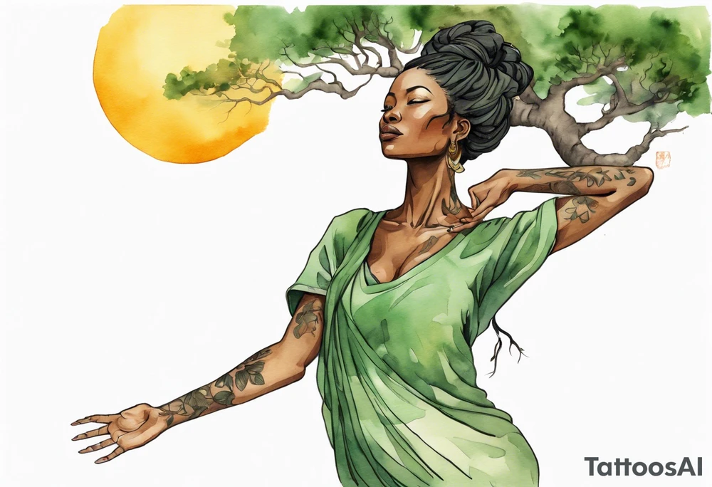 a tree trunk with roots that is a beautiful black woman from the waist up, arms reaching up to the sun, wearing a green tunic tattoo idea