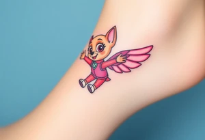 The Paw Patrol  member Skye in pink suit soaring in the air with outstretched pink wings, tattoo idea