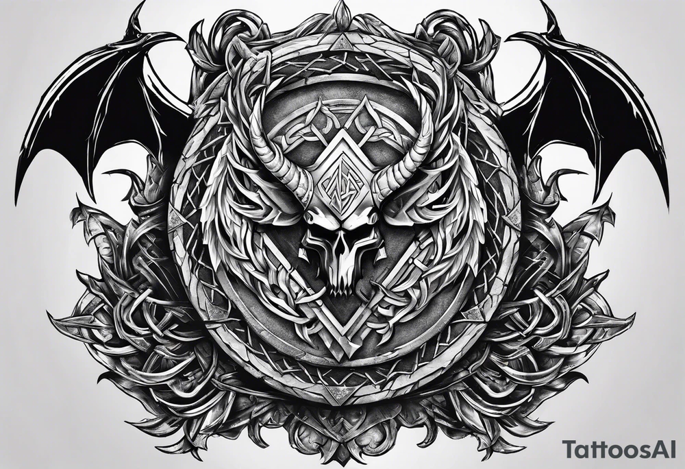 Valhalla sword shield dragon axe Valknut barbed wire chains tattoo idea