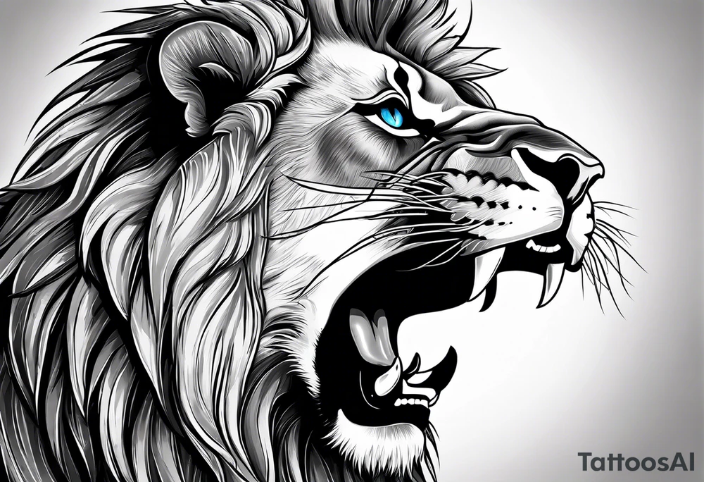 lion with a crown and blue
 eyes and mouth open teeth showing and scar over the eye tattoo idea