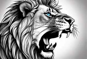 lion with a crown and blue
 eyes and mouth open teeth showing and scar over the eye tattoo idea