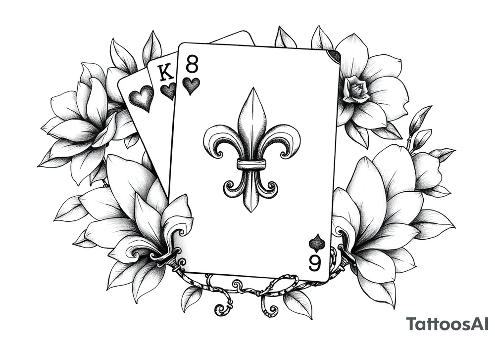 6 of hearts card with fleur de lis as the hearts and magnolias in the background tattoo idea