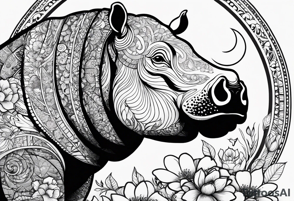 Hippo, flowers, moon, interstella,
Extreme fine lines, tribal, geometric, japanese tattoo idea