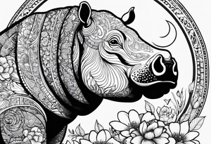 Hippo, flowers, moon, interstella, 
Extreme fine lines, tribal, geometric, japanese tattoo idea