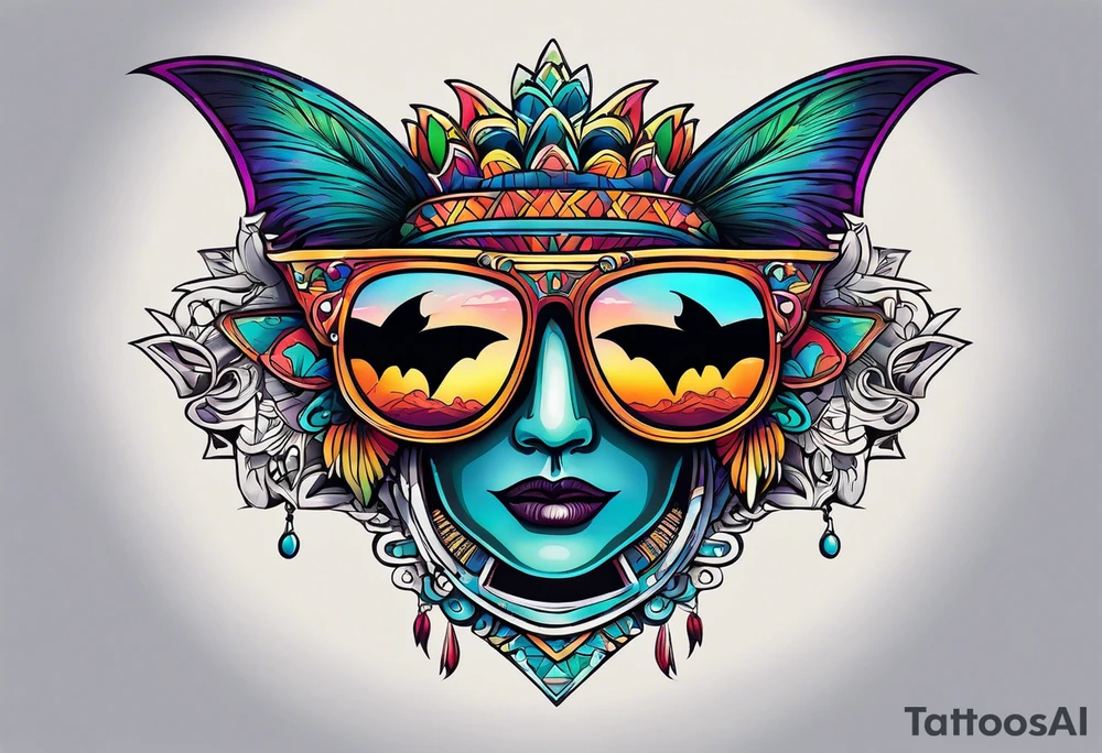 Colorful Mayan sunglasses reflecting water and bats tattoo idea