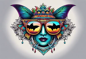 Colorful Mayan sunglasses reflecting water and bats tattoo idea