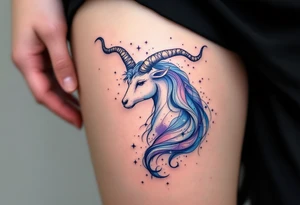 A watercolor Capricorn star constellation flows in soft blues and purples, wrapping around a minimal Capricorn. tattoo idea