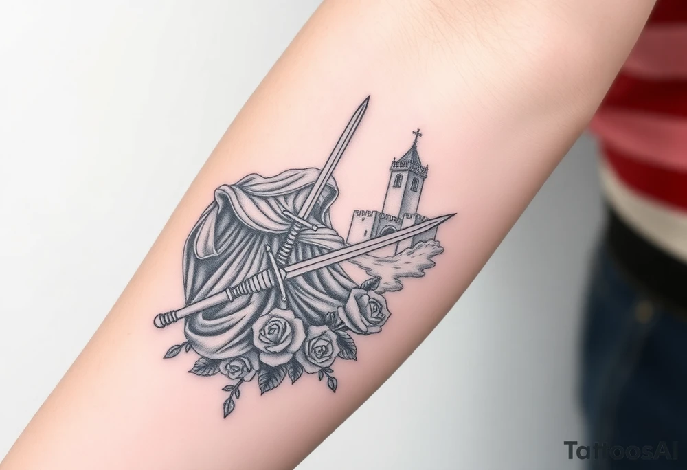 Saint Barbara carrying a sword detailed with a castle tower in the background, the sea, and roses tattoo idea
